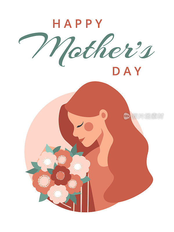 Greeting card for Happy Mother's day with woman holding a bouquet of flowers.